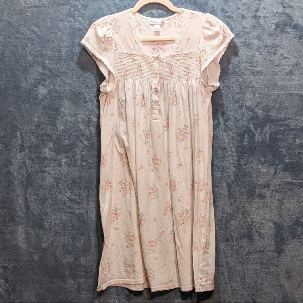 Miss Elaine Floral Nightgown Pink Smocked Lace Trim Flutter Sleeve Sleepwear S